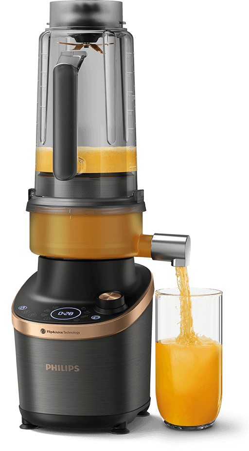 Mix&eacute;r 2v1 Flip&Juice&trade; HD3770 v režime od&scaron;ťavovača pri od&scaron;ťavovan&iacute; čerstvej &scaron;ťavy a pln&iacute; ňou poh&aacute;re.